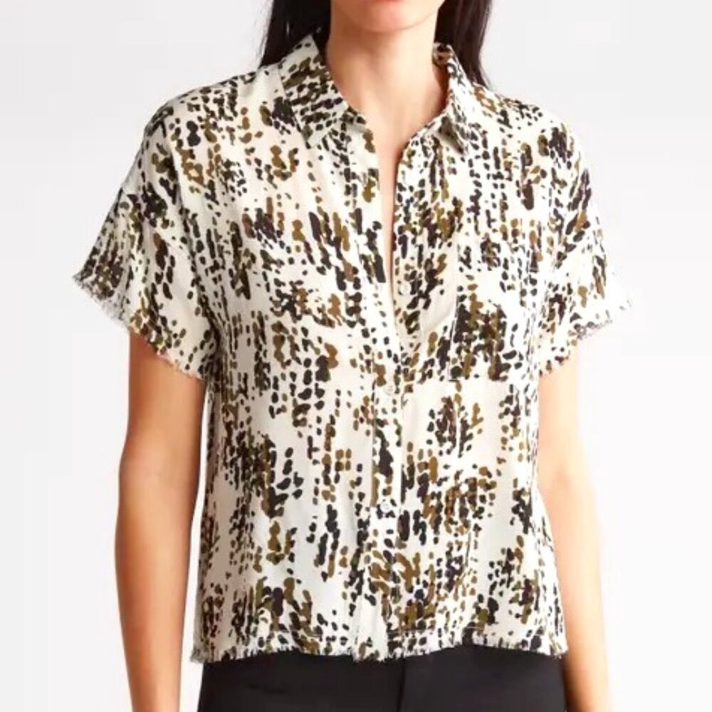 For The Republic Cropped Camo Short Sleeve Button-Up
